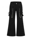 GENEMA women's Gothic wide leg cargo pants with chains and side zippers for edgy streetwear style