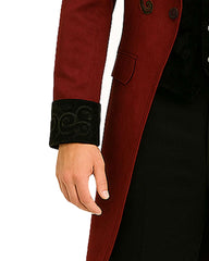 Men's maroon velvet gothic tailcoat with embroidered cuffs for gothic fashion lovers