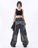 Women's Patchwork Fringe Pocket Wide Leg Loose Casual Cargo Boyfriend Jeans