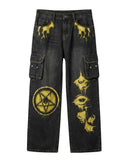 Mens wide leg cargo jeans in dark denim with bold Y2K TRIPPPRS Death-Core graphics and multi-pocket design