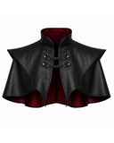 Women’s black gothic leather shoulder cape with high collar, pointed shoulders, chain closures and deep-red inner lining, front view