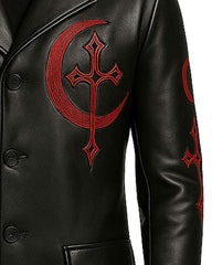 Men’s Gothic Vampire Leather Coat with red crescent and cross embroidery on black faux leather