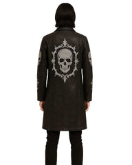 Unisex gothic black leather coat with skull and cross embroidery on back and sleeves, button-down front, and zippered pockets
