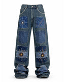 Patchwork Embroidered Wide Leg Denim Jeans