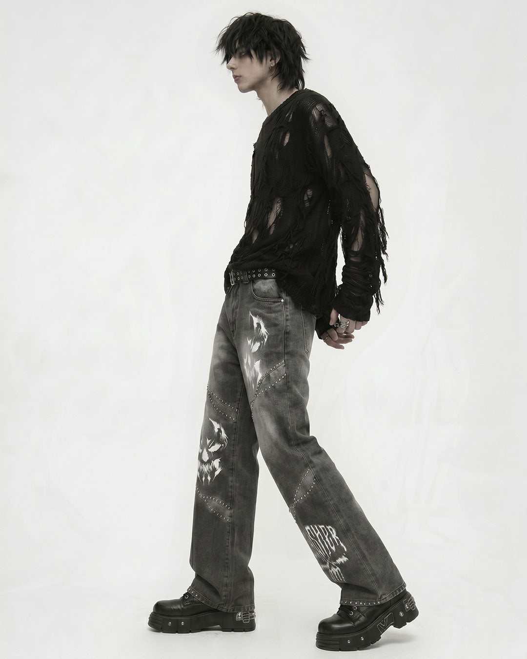 Unisex VenomVale Gothic jeans with TRIPPPRS Death Skull design, wide-leg black denim with studs and skull graphics