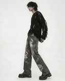Unisex VenomVale Gothic jeans with TRIPPPRS Death Skull design, wide-leg black denim with studs and skull graphics
