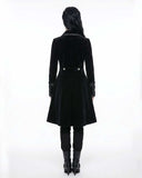 Elegant Women Black Velvet Gothic Coat in Victorian dark romance style with ornate buttons and flowing silhouette