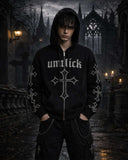 Black unisex gothic rhinestone cross hoodie with spider-web hood and gothic lettering