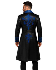 Men wearing black and blue gothic leather trench coat with embroidered design on back and cuffs