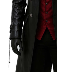 Men's black gothic leather trench coat with red vest and bow tie style, featuring double-breasted buttons and tailored fit
