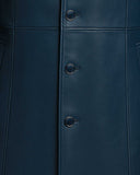 Close-up of Men’s Blue Gothic Leather Coat showing smooth blue leather, stitching, and buttons with no visible embroidery details.
