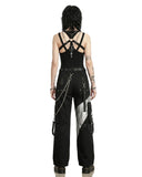 Back view of black cargo pants women with black wide leg pants silhouette, functional cargo pockets, and utility-inspired design.