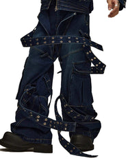 Grommet-Strap Cargo Jeans with grommet details, adjustable straps, and multiple cargo pockets for streetwear utility and gothic style.
