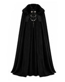Men’s black Gothic vampire cloak with fur-style collar, silver chain clasps, tonal ornamentation and a floor-length medieval silhouette.