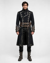 Men’s black pirate Halloween costume coat with gothic military and dark fantasy styling