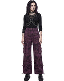 Woman wearing purple cargo pants, emo pants, cargo pants women's pants front view with harness top