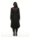 Back view of women’s black steampunk coat with pumpkin embroidery and long tailcoat hem