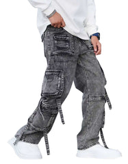 Men’s wide leg denim pants with gothic cargo style and multiple utility pockets