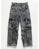 Y2K distressed black denim cargo pants with oversized fit and cargo pockets