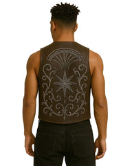Brown leather star studded vest with gothic western design on back worn by male model