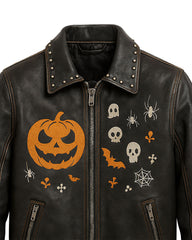 Halloween Pumpkin Studded Leather Jacket – Spooky Skull & Bat Design