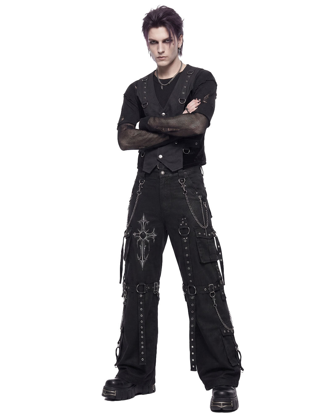 Man wearing cargo black pants mens styled with strappy vest