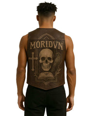 Back view of Raven Skull Leather Vest featuring gothic skull, raven, and cross design on brown leather.