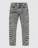 Men distressed grey skinny denim jeans with acid wash and ripped detailing