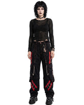Women's Gothic Punk Cargo Pants Black Red Chain Strap