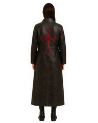 Back view of black gothic cross leather trench coat with red embroidered cross on back and sleeves