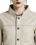 Close-up of Gothic Cream Leather Jacket with high-neck snap collar and button-front closure