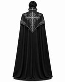 Back view of a black vampire cloak with silver embroidered shoulder cape, cross-inspired ornament and flowing floor-length silhouette.