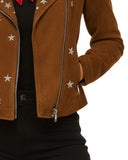 Brown Suede Moto Jacket with Metallic Star Studs and Zipper Detail