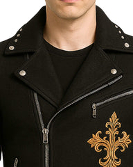 men’s black punk tailcoat with gold gothic cross embroidery and metal hardware in gothic fashion style