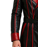 Men’s black and red gothic leather trench coat with belted waist and red accents