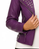 Purple studded biker jacket in premium leather with silver studs and zipper details