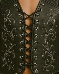 Black Lace Up Gothic Leather Vest with front lacing and intricate rhinestone stud patterns