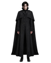 Men’s medieval Renaissance costume cloak in black with high collar, shoulder cape, button front and floor-length gothic silhouette.
