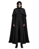 Men’s medieval Renaissance costume cloak in black with high collar, shoulder cape, button front and floor-length gothic silhouette.