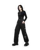 Women's Gothic Black Cargo Pants with Cross Embroidery