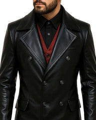 Men’s black gothic fashion leather trench coat with double-breasted front and tailored fit