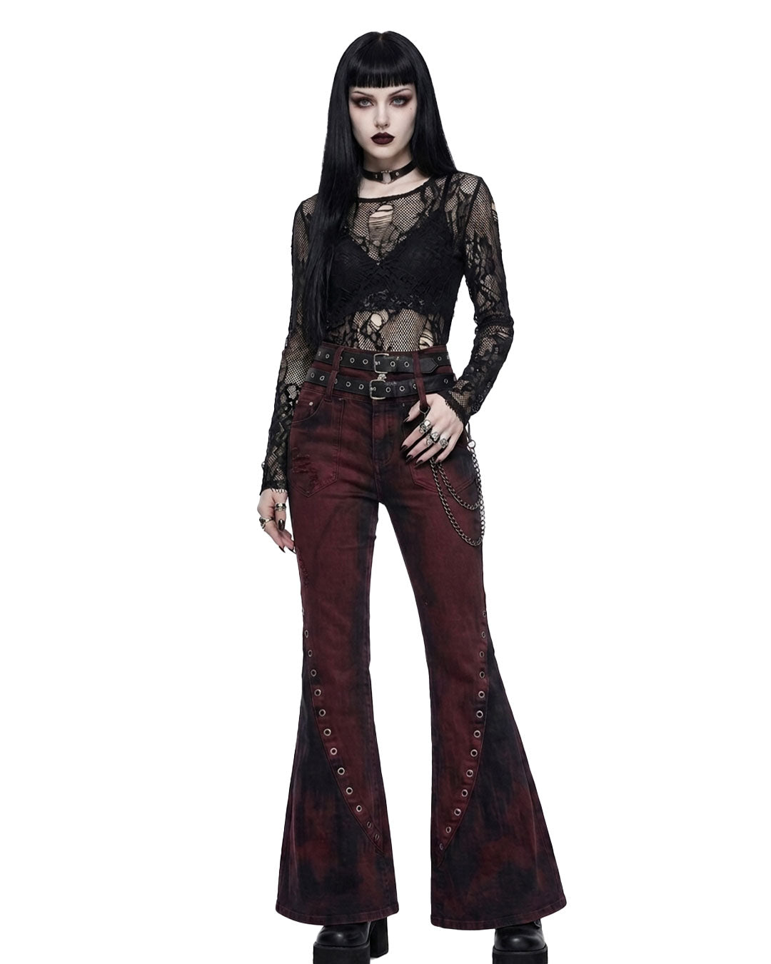 Flare pants women gothic bell bottom jeans front view on model