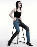 Women's Street Rider Hybrid Moto Pants in black faux leather and denim with zippered and studded details