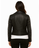 Women's Casual Studded Biker black leather jacket with silver studs on sleeves, shown from back.
