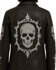 Black leather coat with large embroidered skull cross and gothic design on back and sleeves