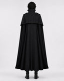 Back view of men’s black medieval Renaissance costume cloak with high collar, layered shoulder cape and flowing floor-length design.