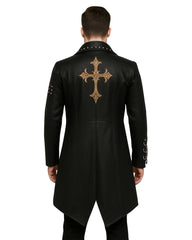 Men's black punk tailcoat with gold gothic cross embroidery and metal hardware for gothic fashion style