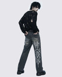 Unisex VenomVale Gothic jeans with TRIPPPRS Death Skull graphics, wide-leg black denim and metal studs