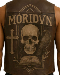 Back of Raven Skull Leather Vest with skull, raven, gothic cross, and book design on brown leather