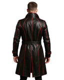 Men’s black and red gothic faux leather trench coat with belted waist and red trim viewed from the back